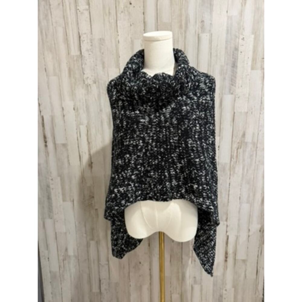Eileen Fisher Cape Poncho Sweater Womens One Size Black White Funnel Neck